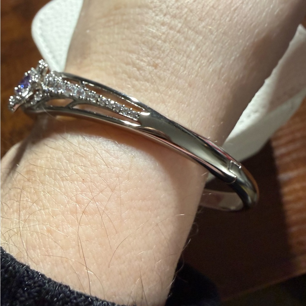 Silver-tone and Purple Women's Bangle Bracelet - 18K White Gold Filled - Picture 2 of 11
